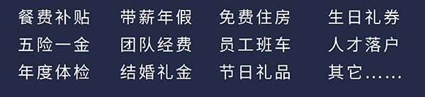 豪门国际官网员工福利：：餐费津贴、五险一金、年度体检、带薪年假、团队经费、完婚礼金、免费住房、员工班车、节日礼物、生日礼券、人才落户、其它……